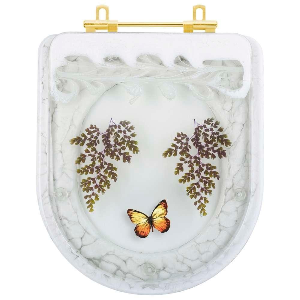 Assento Sanitario Poliester Decorado Borboleta Amarela Carrara Para Vaso Deca Com Ferragem Dourada - 1