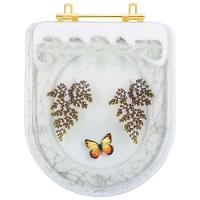 Assento Sanitario Poliester Decorado Borboleta Amarela Carrara Para Vaso Deca Com Ferragem Dourada - 1