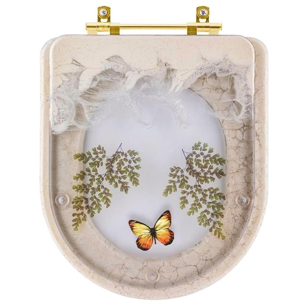 Assento Sanitario Poliester Decorado Borboleta Amarela Carrara Bege Claro Para Vaso Deca Com Ferragem Dourada - 1
