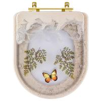 Assento Sanitario Poliester Decorado Borboleta Amarela Carrara Bege Claro Para Vaso Deca Com Ferragem Dourada - 1