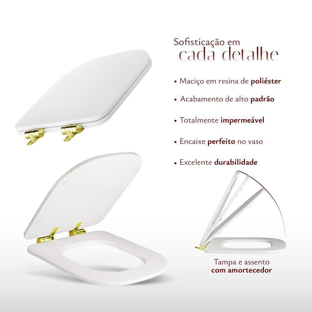 Assento Poliester Soft Close Antimicrobiano Polo Branco Para Vaso Deca Com Ferragem Dourada - 5