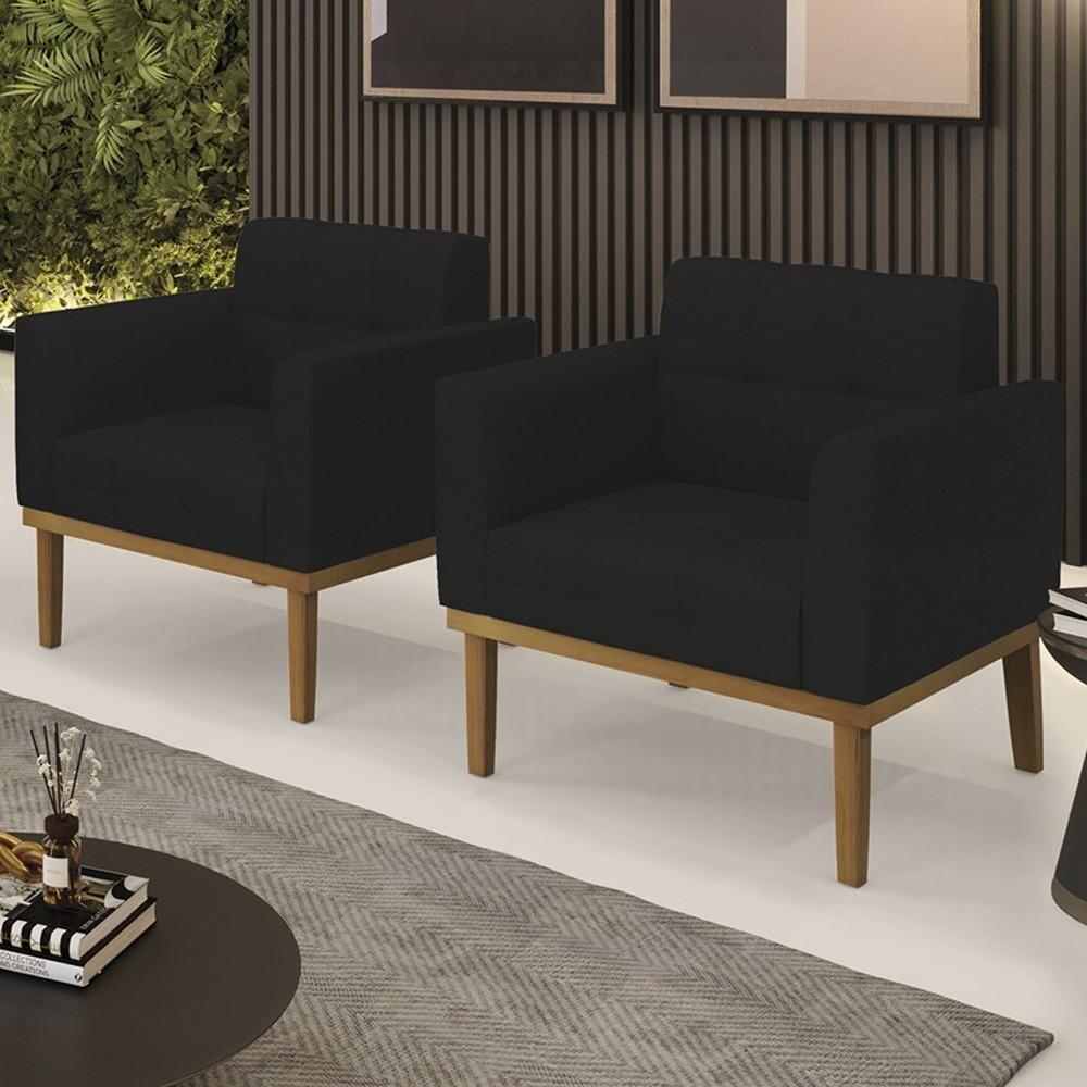 Poltrona Base Madeira Castanho Kit 2 Ana Linho Preto - Ibiza - 2