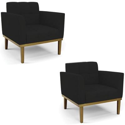 Poltrona Kit 2 Ana Para Sala Linho Espuma D26 Preto Ibiza