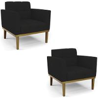 Poltrona Base Madeira Castanho Kit 2 Ana Linho Preto - Ibiza - 1