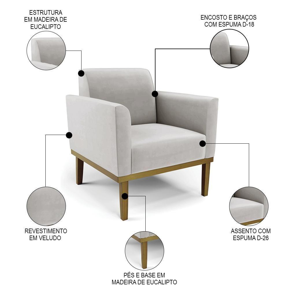 Poltrona Base Madeira Castanho Kit 2 Maressa Veludo Cinza - Ibiza - 3