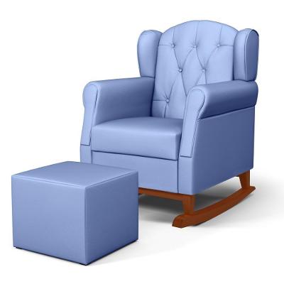 Poltrona Amamentação Base Madeira Balanço E Puff Lucy P04 Sintético Azul - Mpozenato