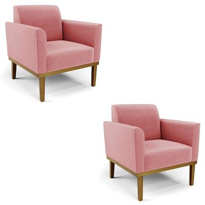 Kit 2 Poltronas Maressa Para Sala Suede Rosê Base Madeira Ibiza