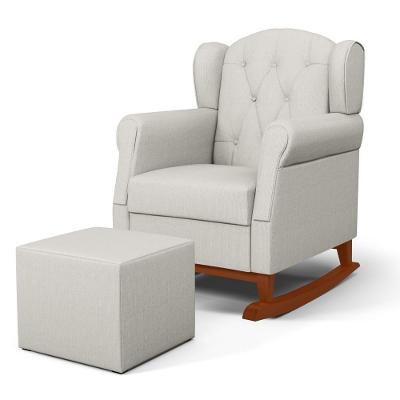 Poltrona Amamentação Base Madeira Balanço E Puff Letícia Linho Off White - Phoenix