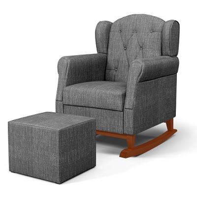 Poltrona Amamentação Base Madeira Balanço E Puff Letícia Linho Cinza Escuro - Phoenix