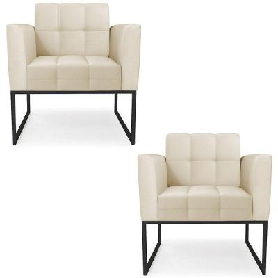 Kit 2 Poltronas Ana Para Sala Couro Sintético Bege Preto Ibiza