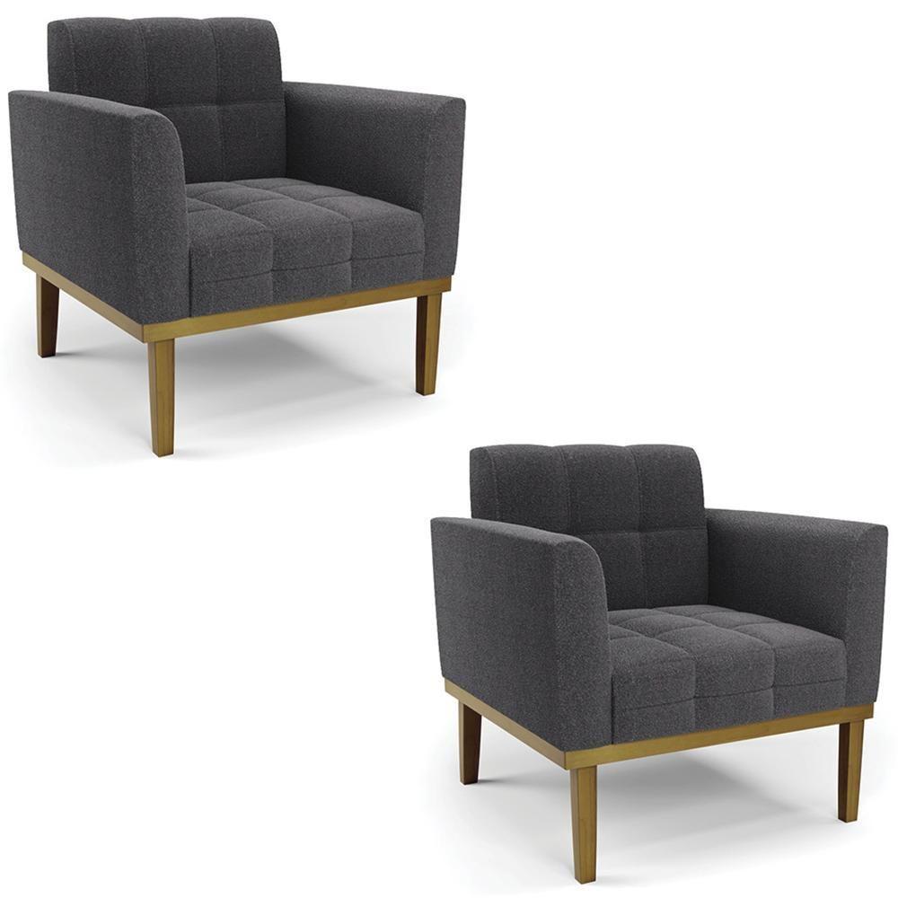 Poltrona Sala Base Madeira Castanho Kit 2 Ana Bouclé Grafite - Ibiza - 1