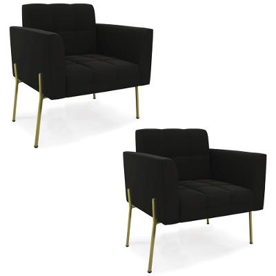 Kit 2 Poltronas Para Sala Ana Suede Preto Pés Metal Dourado Ibiza