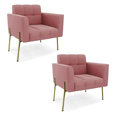 Kit 2 Poltronas Para Sala Ana Suede Rosê Pés Metálicos Ibiza