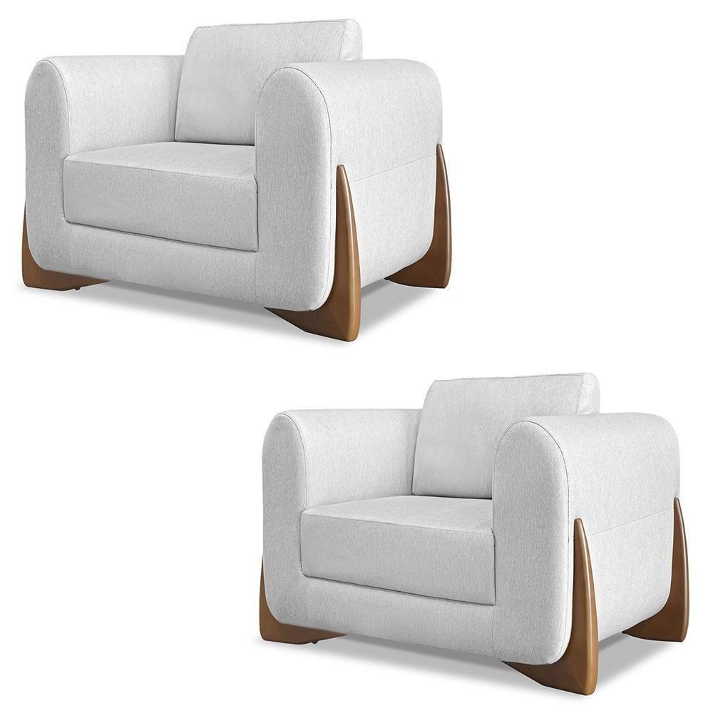 Poltrona Para Sala Base De Madeira Kit 2 Izzy S06 Linho Grigio - Mpozenato - 1