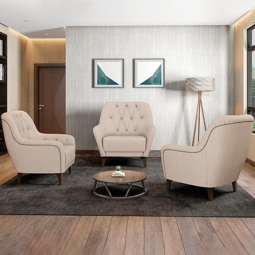 Poltrona Decorativa Para Sala De Estar Com Capitonê Pietà M22 Linho Cru - Mpozenato - 2