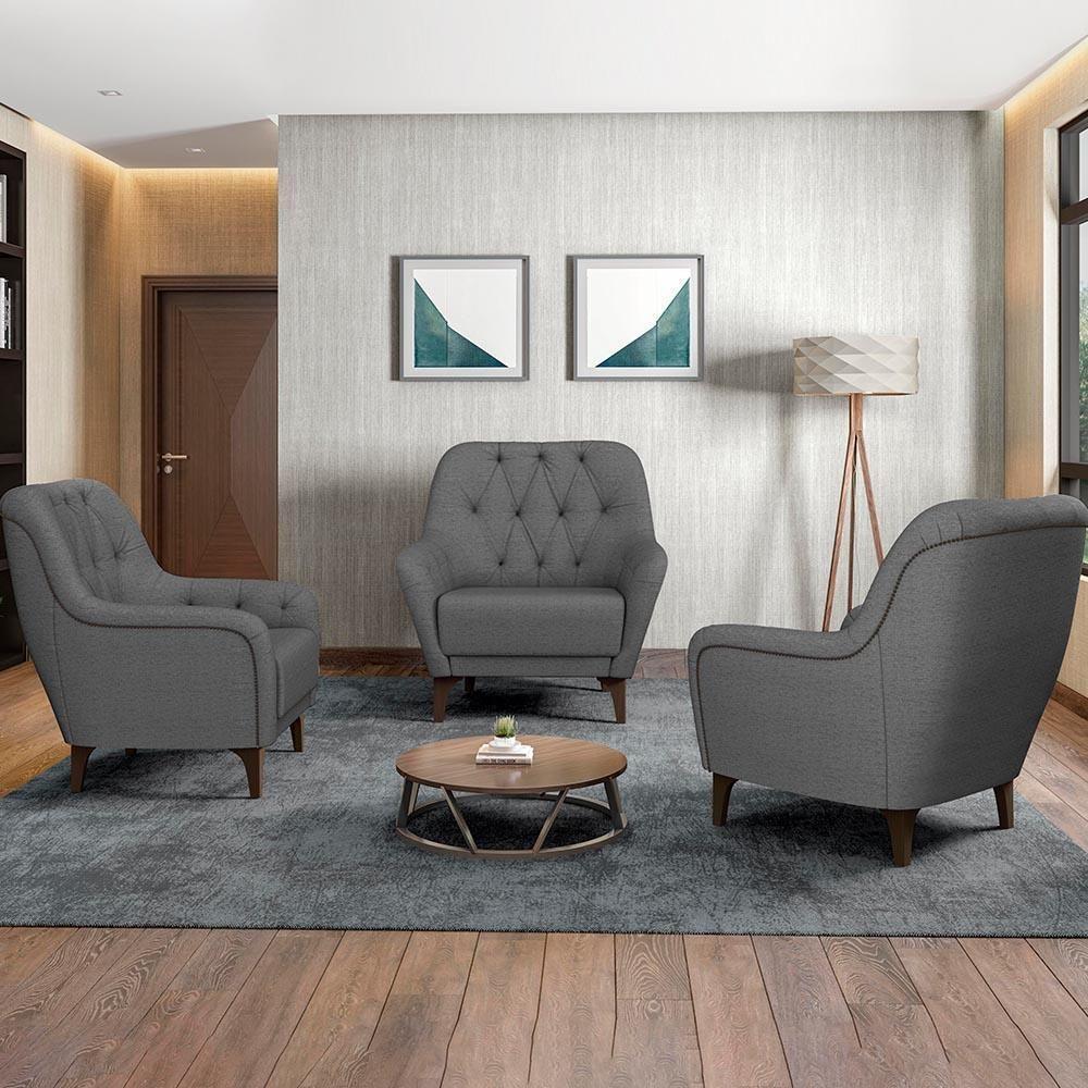 Poltrona Decorativa Para Sala De Estar Com Capitonê Pietà M22 Linho Cinza Escuro - Mpozenato - 2