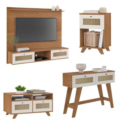 Painel Aparador e Mesas Trama para Tv 72 em MDF com Portas Gavetas Off White