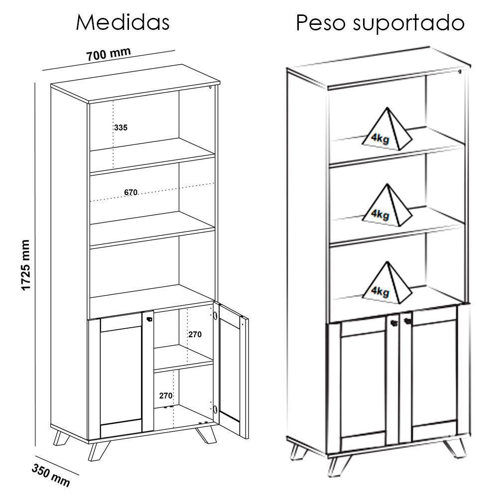 Estante 2 Portas 3 Nichos 172x70 4709 Carvalho Arly - 4