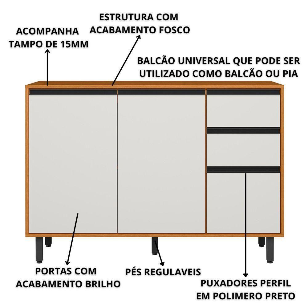 Balcão Com Tampo 3 Portas 2 Gavetas 120 Cm 12640 Raven Freijo Off White Pln - 3
