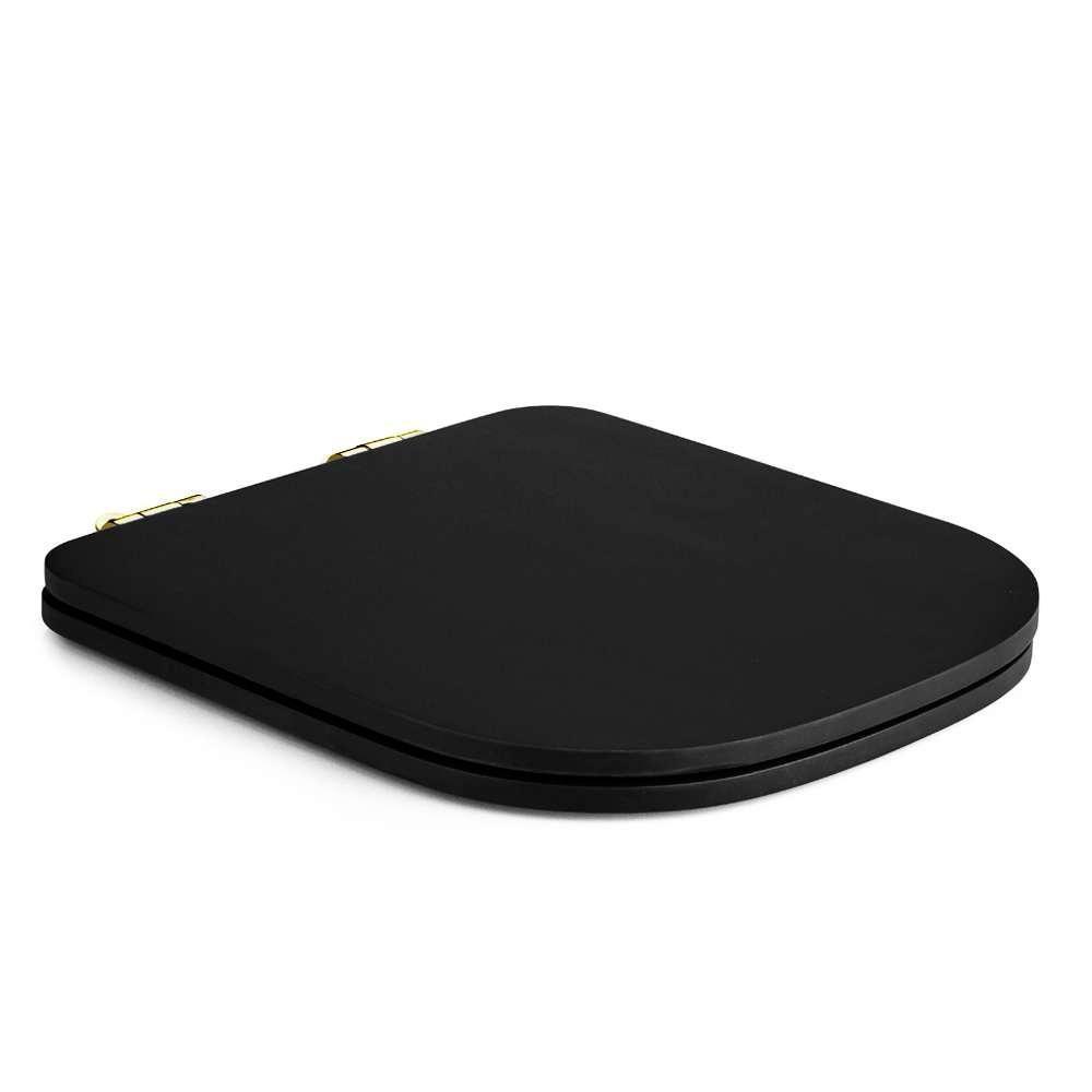 Assento Poliester Soft Close Piano Preto Fosco Para Vaso Deca Com Ferragem Dourada - 1