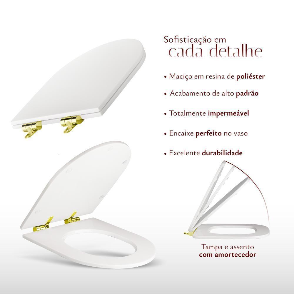 Assento Poliester Soft Close Antimicrobiano Carrara Branco Para Vaso Deca Com Ferragem Dourada - 5