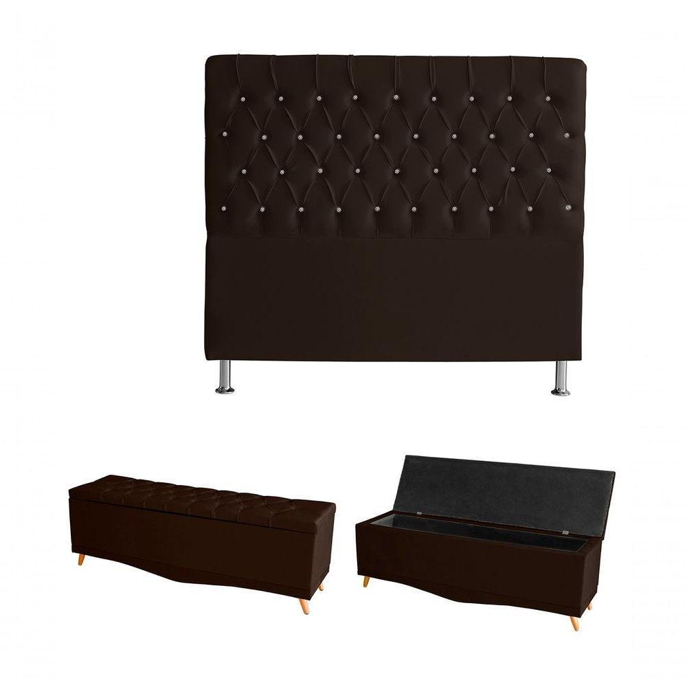 Kit Estrela Cabeceira De Cama Box E Calçadeira Baú Pés Palito Botão Cristal Queen 160 Cm Suede Marrom Do Lar Móveis - 1