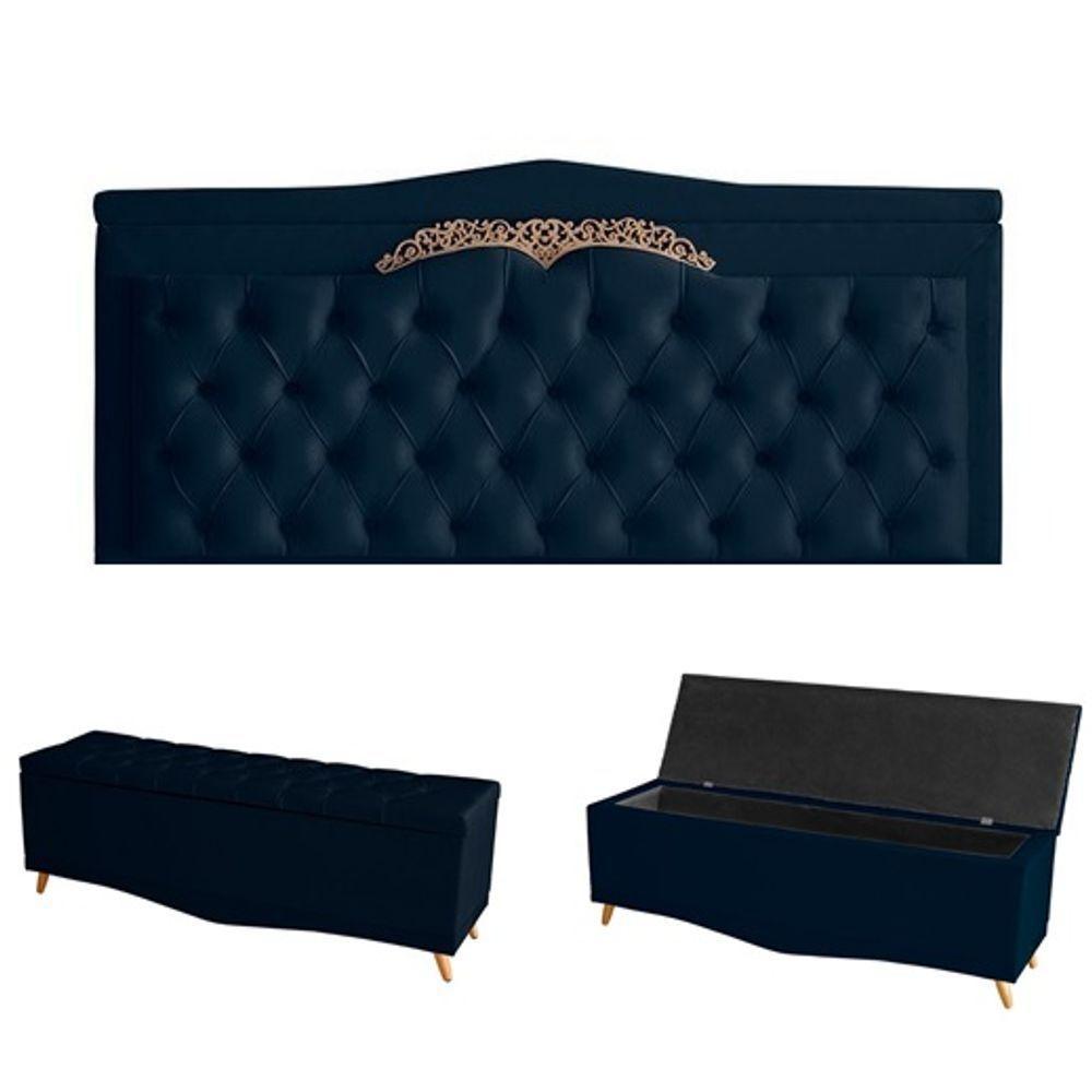 Kit Barcelona Cabeceira De Cama Painel E Calçadeira Baú King 195 Cm Suede Azul Marinho Do Lar Móveis E Decoração - 1