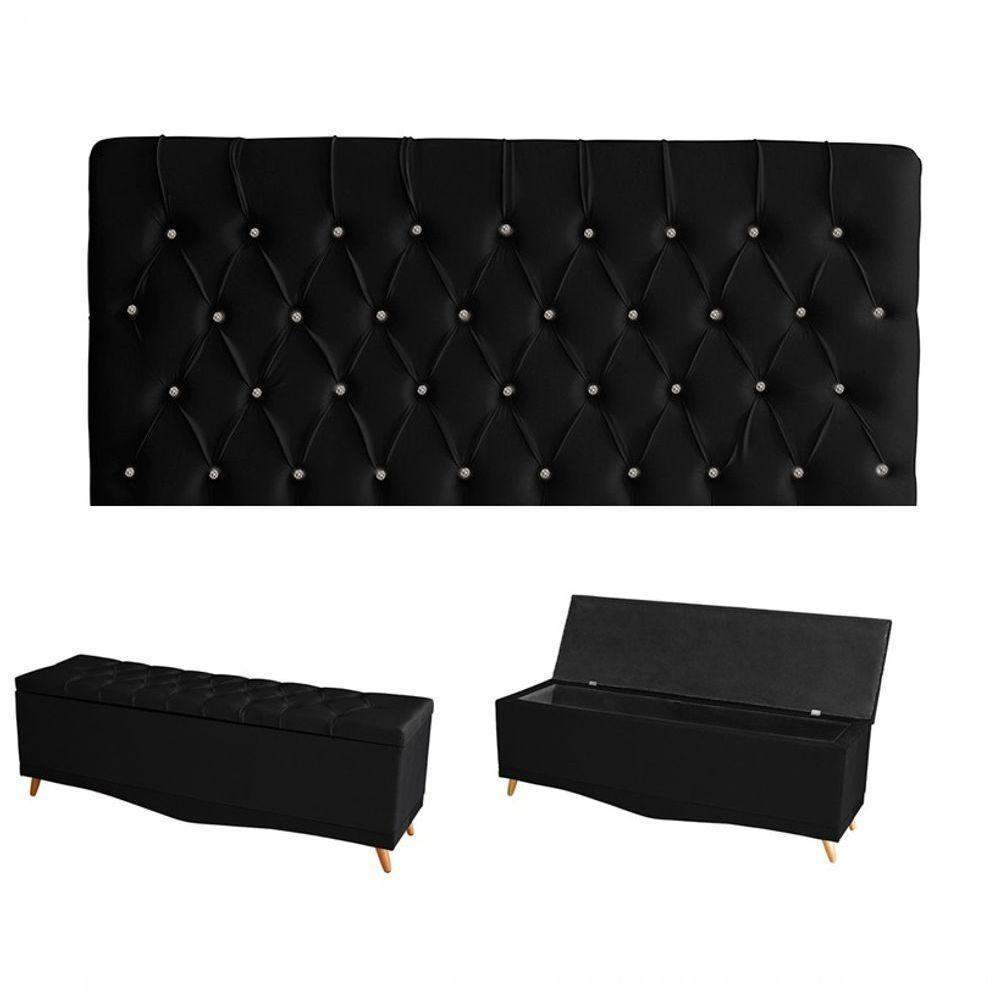 Kit Estrela Cabeceira De Cama Painel E Calçadeira Baú Botão Cristal Casal 140 Cm Suede Preto Do Lar Móveis E Decoração - 1