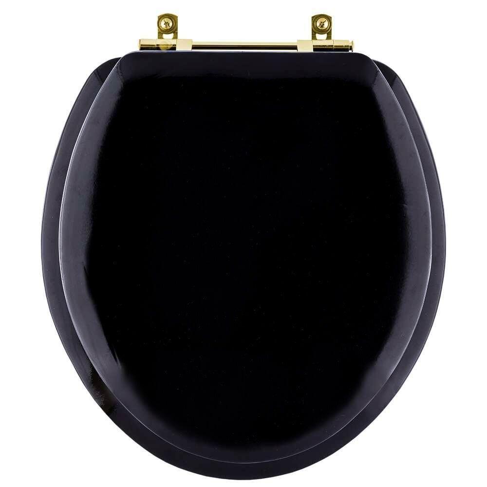 Assento Sanitário Almofadado Convencional Universal Preto Com Ferragem Dourada - 1
