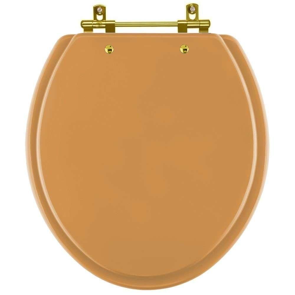 Assento Sanitário Convencional Oval Amarelo Terra Para Vaso Celite Com Ferragem Dourada - 1