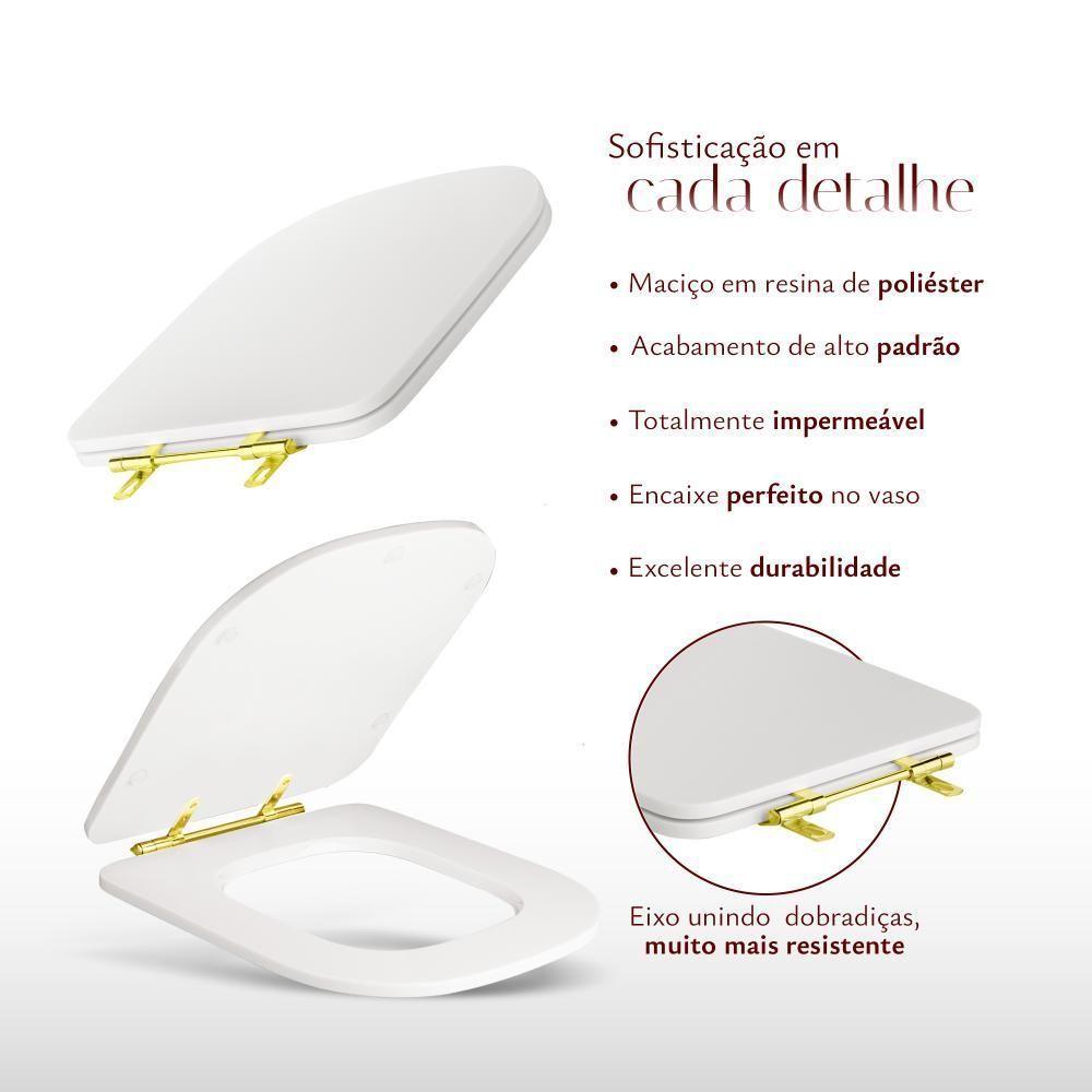 Assento Sanitário Poliéster Antibacteriano Quadra Branco Para Vaso Deca Com Ferragem Dourada - 5