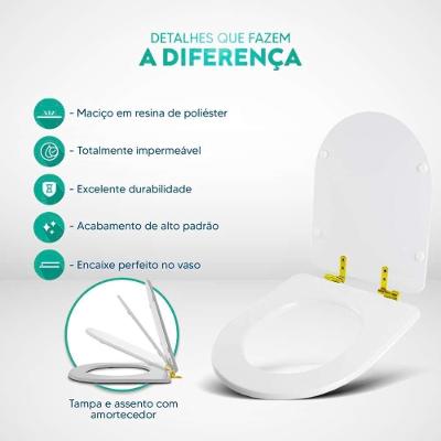 Tampa De Vaso Poliéster Com Amortecedor Duna Branco Para Bacia Deca Com Ferragem Dourada
