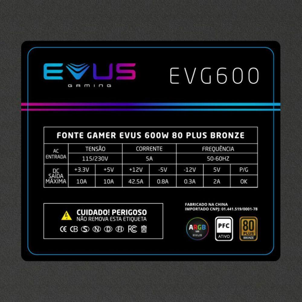 Fonte Gamer Evus Evg600 Argb 600w Selo 80 Plus Bronze - 5