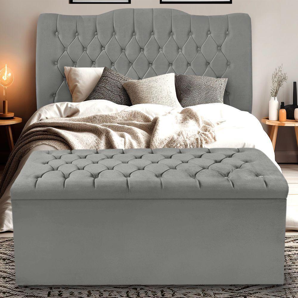 Kit Cabeceira E Calçadeira Baú Dunas Casal 140 Cm - Veludo Cinza Grafite - 1