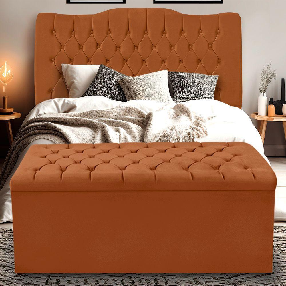 Kit Cabeceira E Calçadeira Baú Dunas Casal 140 Cm - Veludo Terra Cota - 1