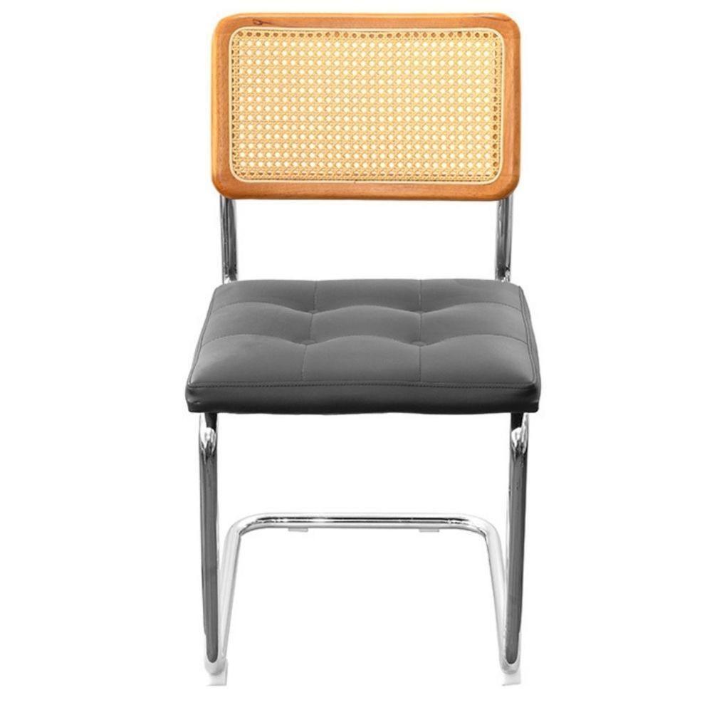 Cadeira Cesca Encosto Madeira Clara E Palha Natural Assento Poliuretano (pu) Preto Base Aço Cromado - 2