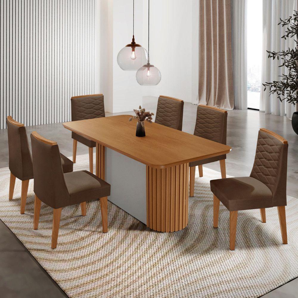 Mesa De Jantar Aspen Com 6 Cadeiras Eloise Moderna Mobília Veludo Marrom/naturalle - 1