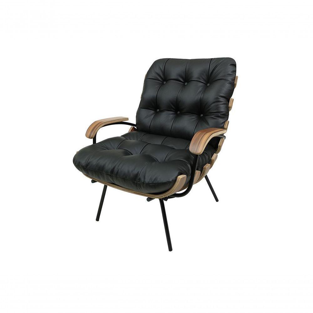 Poltrona E Puff De Couro Costela Com Braço Preto Pigmentado - Clube Móveis - 2