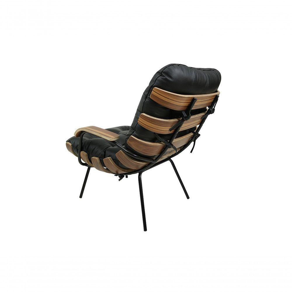 Poltrona E Puff De Couro Costela Com Braço Preto Pigmentado - Clube Móveis - 4