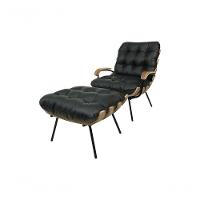 Poltrona E Puff De Couro Costela Com Braço Preto Pigmentado - Clube Móveis - 1