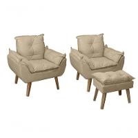 Kit 02 Poltrona/cadeira Decorativa E Puff Glamour Com Pés Quadrado - Bege Linho - 1