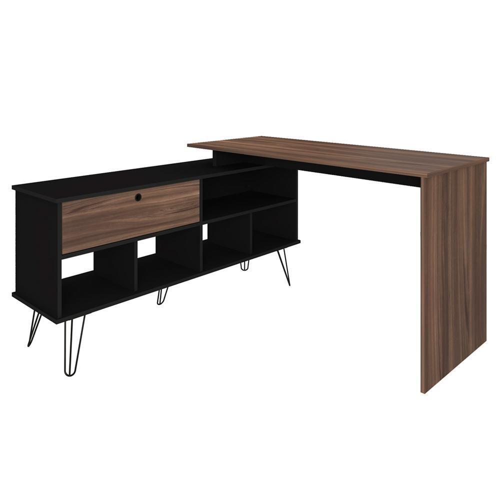Mesa Para Escritório Escrivaninha Em L Home Office Kalil A02 Preto Ypê - Lyam Decor - 1