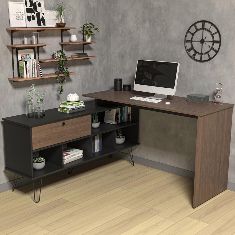Mesa Para Escritório Escrivaninha Em L Home Office Kalil A02 Preto Ypê - Lyam Decor - 2