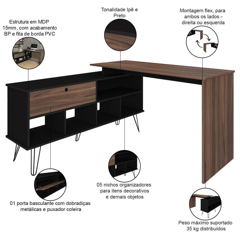 Mesa Para Escritório Escrivaninha Em L Home Office Kalil A02 Preto Ypê - Lyam Decor - 4