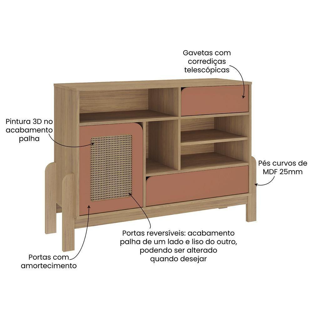 Buffet Aparador 1 Porta 2 Gavetas 122 Cm 4579 Carvalho Terracota Arly - 7