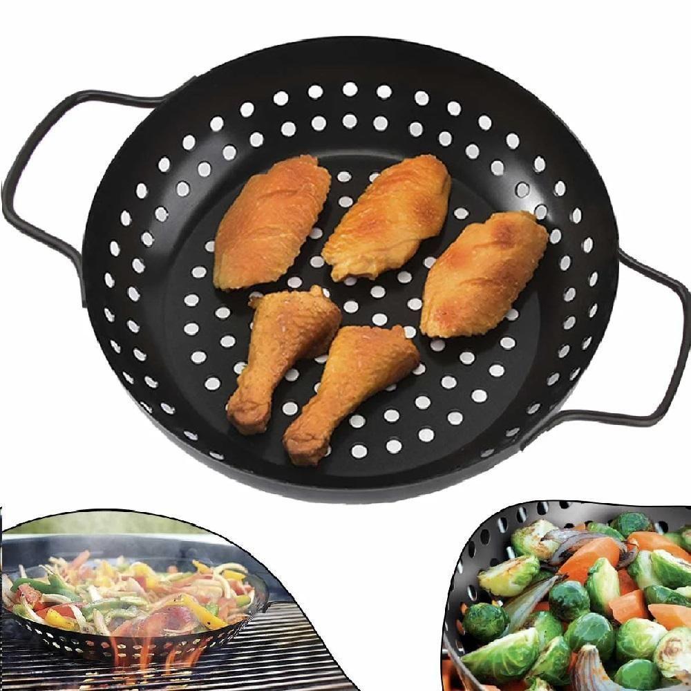 Panela Churrasqueira Fritadeira Grelha Antiaderente Cesto Churrasco Legumes Camarao Peixe Grelhado Com Alca Preta - 4