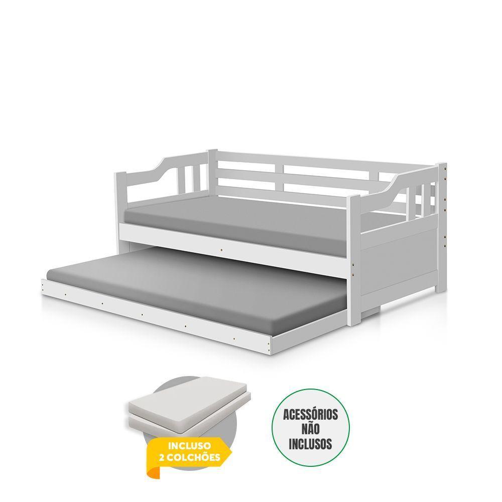 Sofá Cama Solteiro Madeira Com Cama Auxiliar E 2 Colchões Texas - Branco - Branco - 2