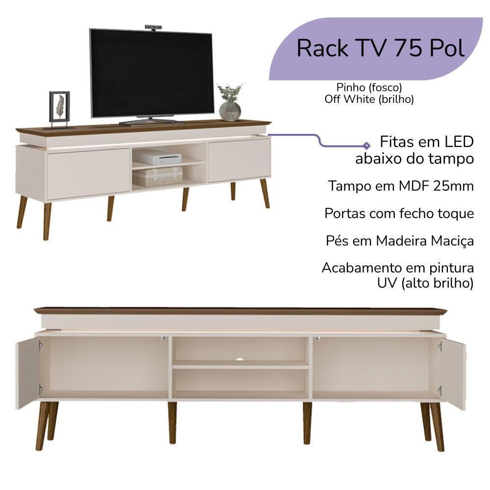 Rack Para Tv 75 Polegadas 2 Portas 180 Cm 4379 Pinho Off White Arly - 5