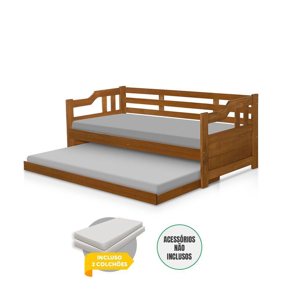 Sofá Cama Solteiro Madeira Com Cama Auxiliar E 2 Colchões Texas - Castanho - Marrom - 2