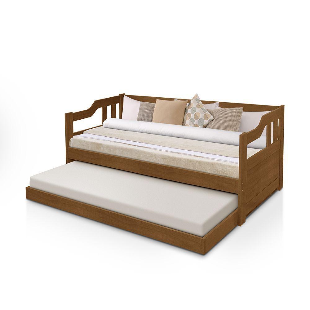 Sofa Cama Solteiro De Madeira Com Cama Auxiliar + 2 Colchões - Imbuia - Marrom - 3